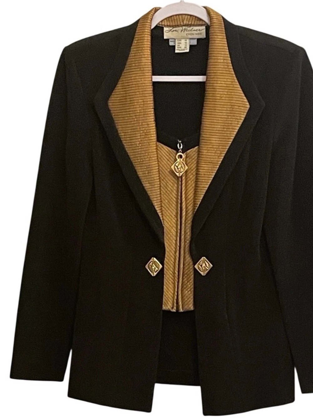 Vtg Lori Weidner Evenings Black Jacket  Bronze Lapels and  Zip Up Vest Look  10
